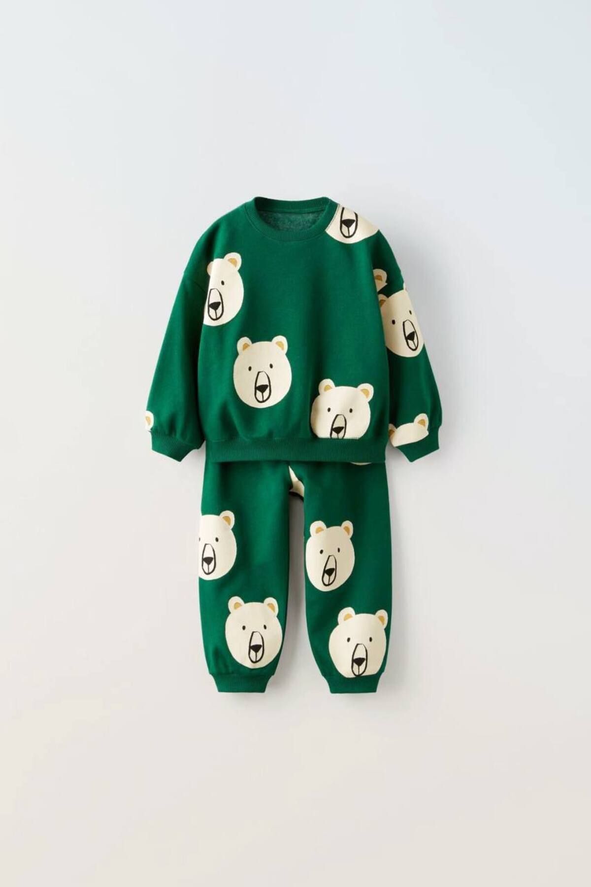 Yeşil Desenli Kışlık Pamuklu Sweatshirt Eşofman Alt-Üst Takım Unisex Çocuk Yeşil 6-7 Yaş  Unisex