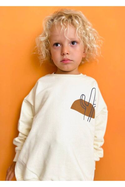 Unisex Çocuk California Kışlık 3 İplik Pamuklu Sweatshirt Eşofman Alt-üst Takım Bej 5-6 Yaş  Unisex