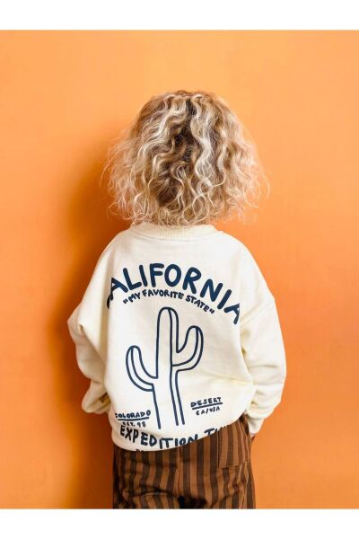 Unisex Çocuk California Kışlık 3 İplik Pamuklu Sweatshirt Eşofman Alt-üst Takım Bej 6-7 Yaş  Unisex