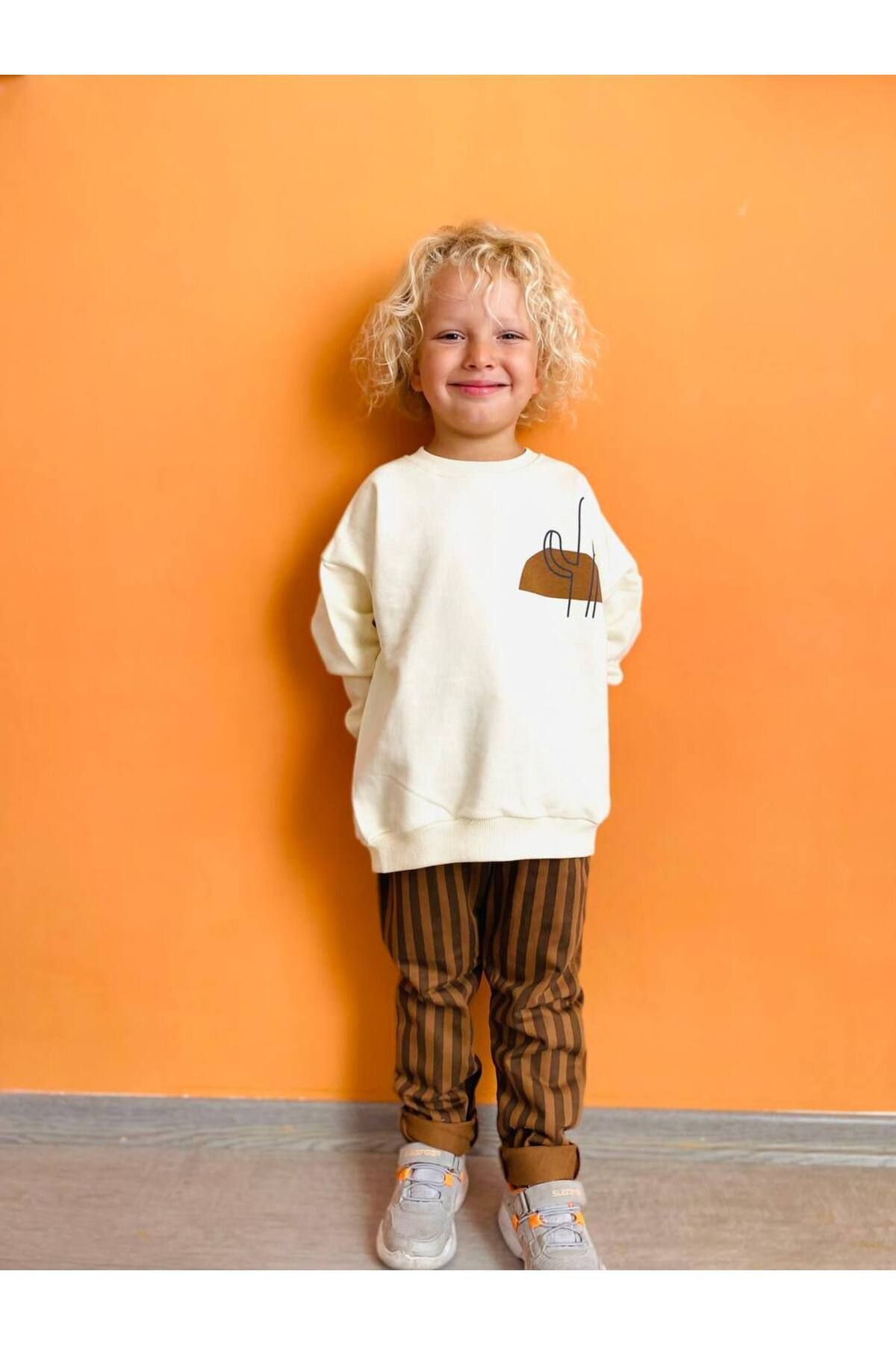 Unisex Çocuk California Kışlık 3 İplik Pamuklu Sweatshirt Eşofman Alt-üst Takım Bej 6-7 Yaş  Unisex
