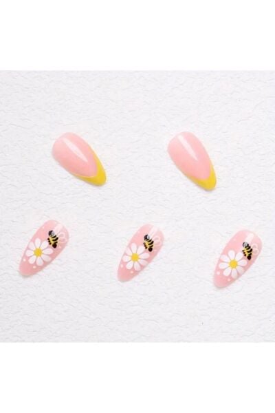 Vanilla Avenue Sarı Arı Desenli Badem Kendinden Yapışkanlı Takma Tırnak 24 Adet