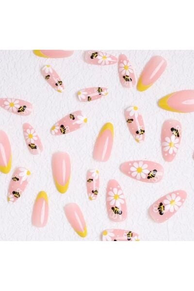 Vanilla Avenue Sarı Arı Desenli Badem Kendinden Yapışkanlı Takma Tırnak 24 Adet