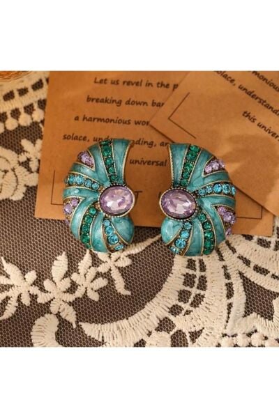 Vanilla Avenue Lüks Vintage Esintili Bohem Yeşilimsi Mor Taşlı Kadın Küpe