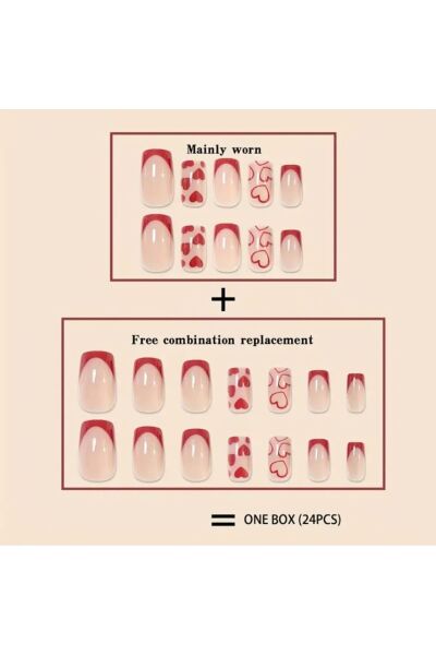 Vanilla Avenue Kırmızı Kalpli Kısa Kare French Kendinden Yapışkanlı Takma Tırnak Seti 24 Adet