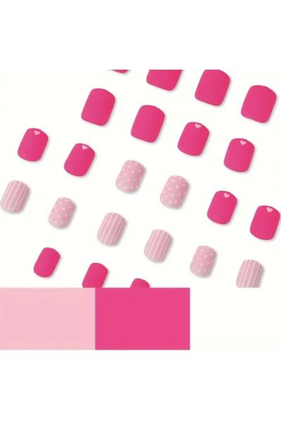 Moon Home Collection Pembe Çizgili Kalp Desenli Kendinden Yapışkanlı Takma Tırnak 24 Tırnak Pembe