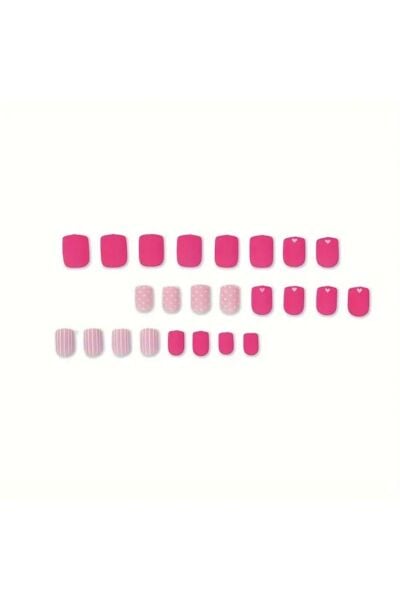 Moon Home Collection Pembe Çizgili Kalp Desenli Kendinden Yapışkanlı Takma Tırnak 24 Tırnak Pembe