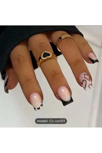 Vanilla Avenue Kare Siyah French Kalp Desenli Kendinden Yapışkanlı Takma Tırnak 24 Tırnak Siyah