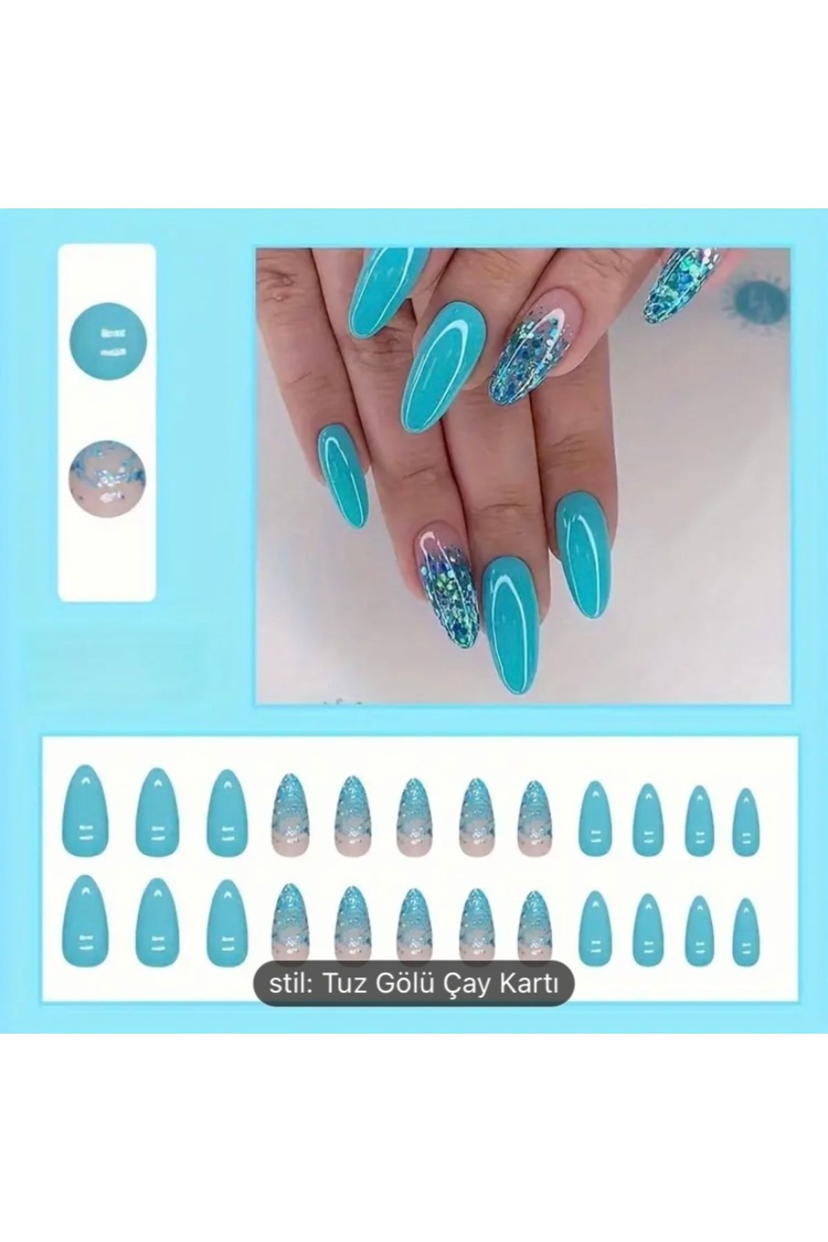 Vanilla Avenue Mavi Parlak Simli Badem Kendinden Yapışkanlı Takma Tırnak 24 Adet