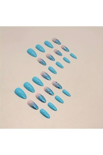 Vanilla Avenue Mavi Parlak Simli Badem Kendinden Yapışkanlı Takma Tırnak 24 Adet
