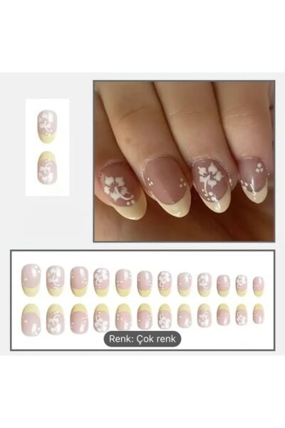 Vanilla Avenue Sarı Çiçek Desenli Oval Kesim French Kendinden Yapışkanlı Takma Tırnak Seti 24 Adet