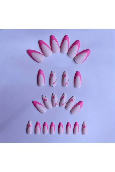 Vanilla Avenue Pembe Fransız Kesim Kalp Desenli Kendinden Yapışkanlı Takma Tırnak 24 Adet Pembe