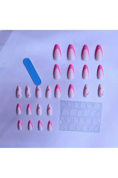 Vanilla Avenue Pembe Fransız Kesim Kalp Desenli Kendinden Yapışkanlı Takma Tırnak 24 Adet Pembe