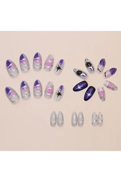 Vanilla Avenue Mor Tonlar Parlak Cool Tarz Starburst Kendinden Yapışkanlı Takma Tırnak Seti 24 Adet