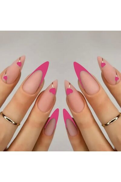 Vanilla Avenue Pembe Fransız Kesim Kalp Desenli Kendinden Yapışkanlı Takma Tırnak 24 Adet Pembe