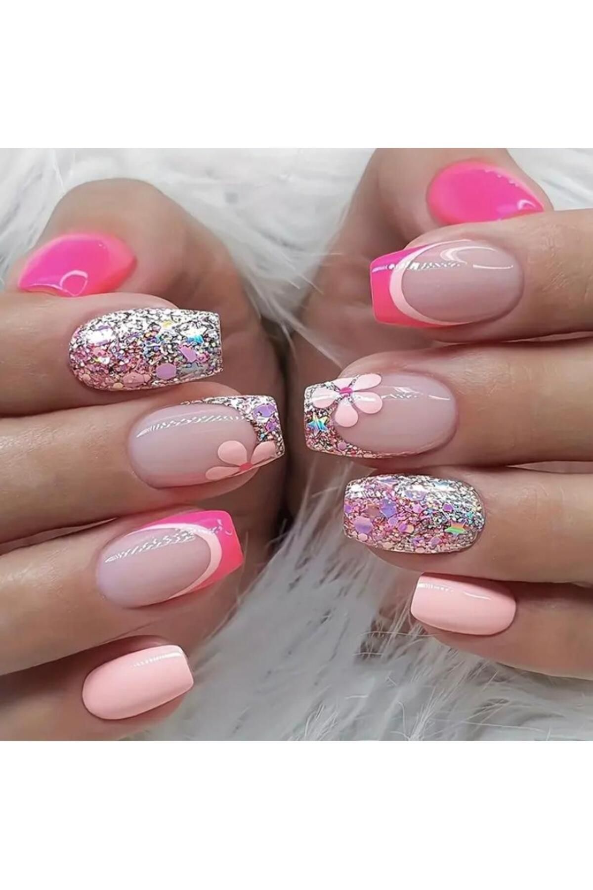 Vanilla Avenue Pembe Parlak Işıltılı Çiçek Detaylı Kendinden Yapışkanlı Takma Tırnak 24 Adet Pembe