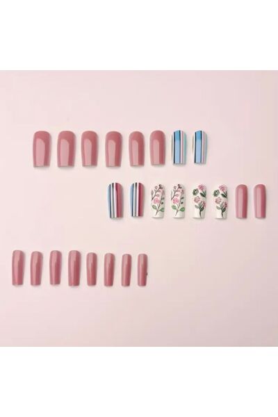 Vanilla Avenue Şık Çiçekli Çizgili Pembe Kendinden Yapışkanlı Takma Tırnak Seti 24 Adet