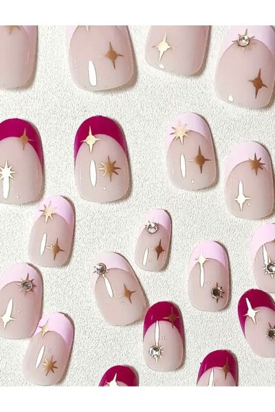 Vanilla Avenue Pembe Parlak Yıldız Taşlı Badem Kendinden Yapışkanlı Takma Tırnak Seti 24 Adet