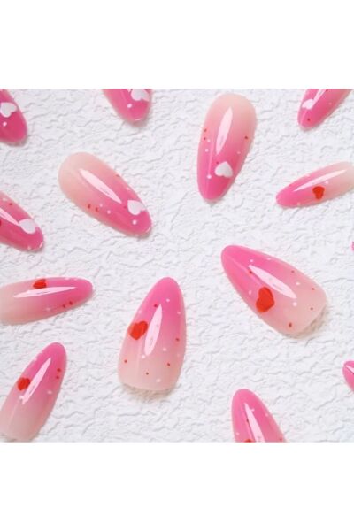 Vanilla Avenue Pembe Kalp Desenli Ombre Kendinden Yapışkanlı Takma Tırnak 24 Adet Pembe