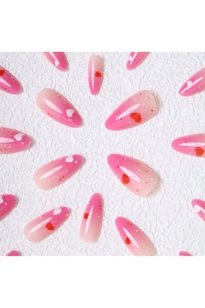Vanilla Avenue Pembe Kalp Desenli Ombre Kendinden Yapışkanlı Takma Tırnak 24 Adet Pembe