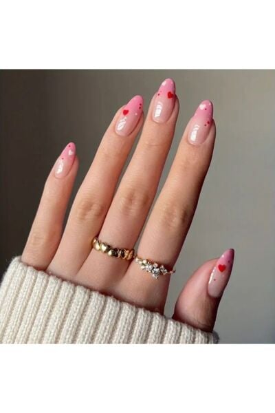 Vanilla Avenue Pembe Kalp Desenli Ombre Kendinden Yapışkanlı Takma Tırnak 24 Adet Pembe