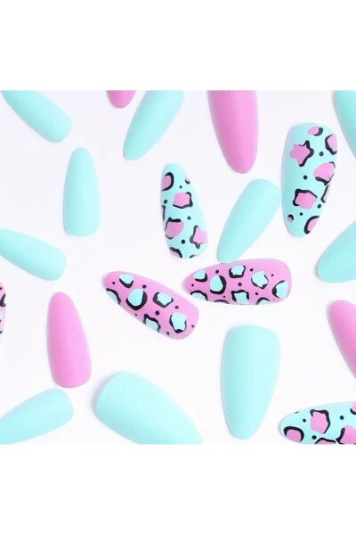 Vanilla Avenue Badem Yeşil Pembe Leopar Kendinden Yapışkanlı Takma Tırnak 24 Adet Yeşil