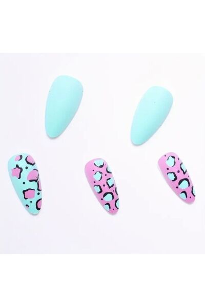 Vanilla Avenue Badem Yeşil Pembe Leopar Kendinden Yapışkanlı Takma Tırnak 24 Adet Yeşil