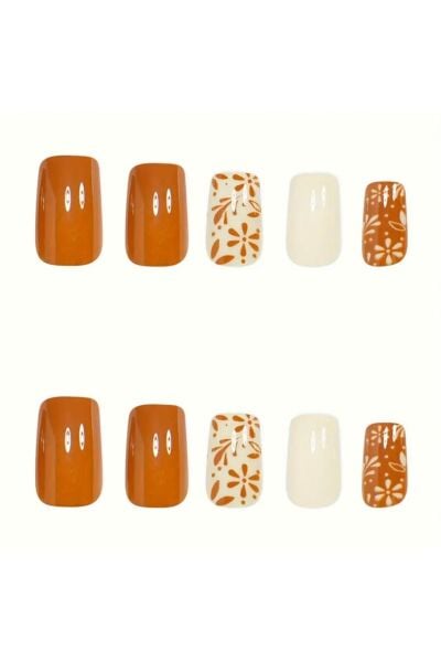 Vanilla Avenue Kahve Tonlu Yaprak Desenli Kendinden Yapışkanlı Takma Tırnak Seti 24 Adet