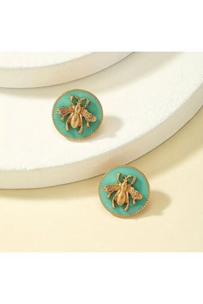 Moon Home Collection Yeşil Yuvarlak Altın Sarısı Arı Tasarımlı Zarif Vintage Kadın Küpe