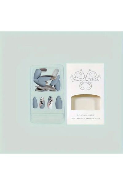 Vanilla Avenue Siyah Yaprak Detaylı Mat Mavi Gri Kendinden Yapışkanlı Takma Tırnak Seti 24 Adet
