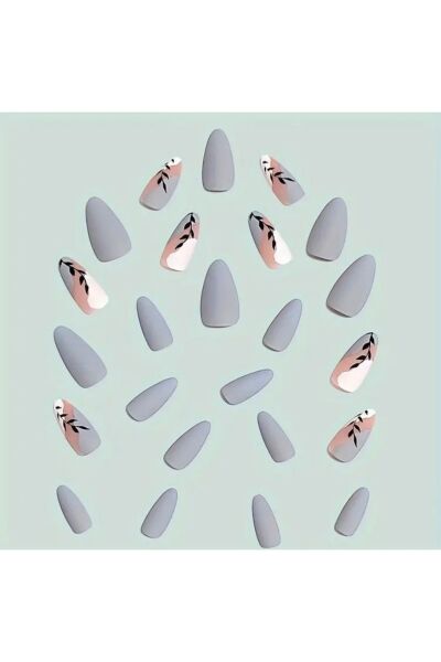 Vanilla Avenue Siyah Yaprak Detaylı Mat Mavi Gri Kendinden Yapışkanlı Takma Tırnak Seti 24 Adet