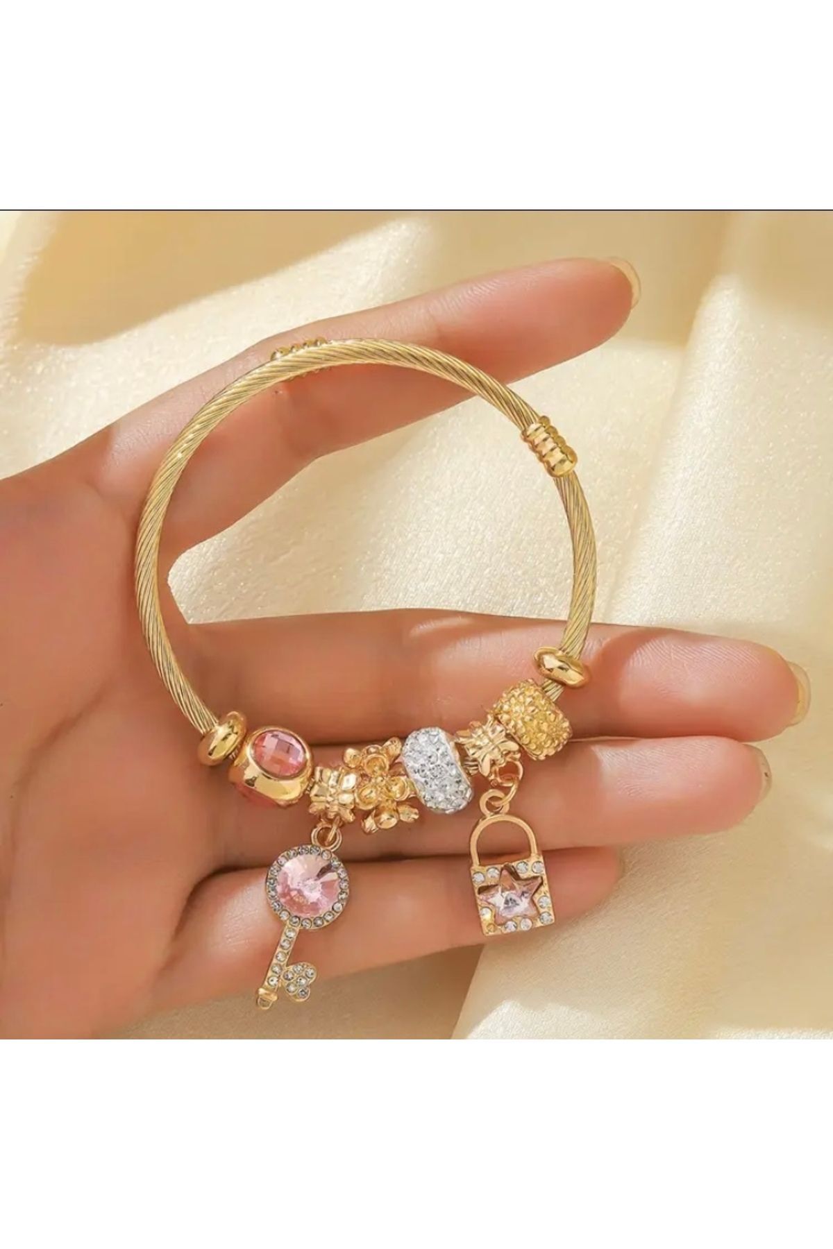 Moon Home Collection Pembe Zarif Paslanmaz Çelik Kalp Kilidi Detaylı Charm Kadın Bileklik