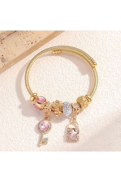 Moon Home Collection Pembe Zarif Paslanmaz Çelik Kalp Kilidi Detaylı Charm Kadın Bileklik