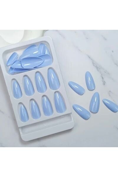 Vanilla Avenue Bebe Mavisi Düz Badem Kesim Şık Kendinden Yapışkanlı Takma Tırnak Seti 24 Adet