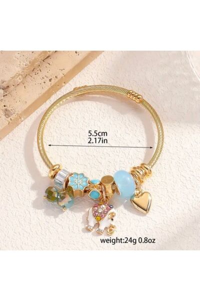 Vanilla Avenue Açık Mavi Fil Cazibesi Zarif Paslanmaz Çelik Kalp Detaylı Charm Kadın Bileklik