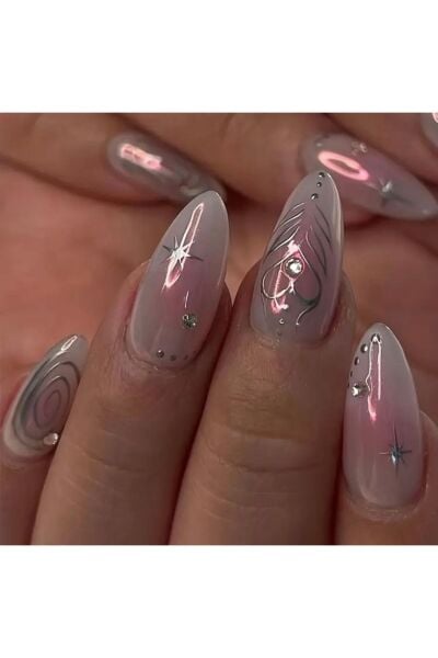 Vanilla Avenue Pembe Çizgili Işıltılı Kalp Detaylı Kendinden Yapışkanlı Takma Tırnak Seti 24 Adet