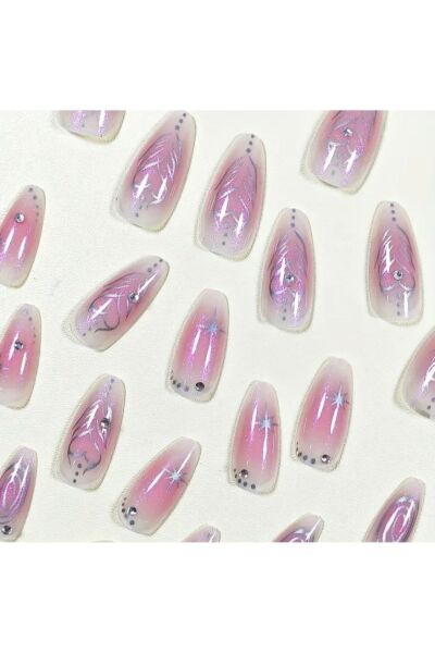 Vanilla Avenue Pembe Çizgili Işıltılı Kalp Detaylı Kendinden Yapışkanlı Takma Tırnak Seti 24 Adet