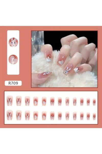 Vanilla Avenue Pembe Tavşan Desenli Kendinden Yapışkanlı Takma Tırnak 24 Adet Pembe