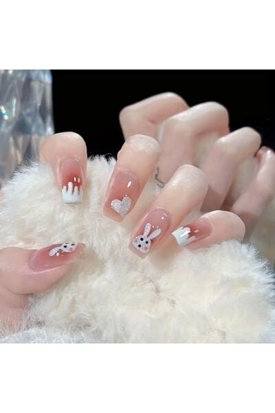 Vanilla Avenue Pembe Tavşan Desenli Kendinden Yapışkanlı Takma Tırnak 24 Adet Pembe