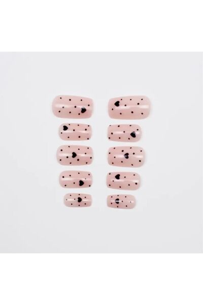 Vanilla Avenue Pembe Orta Uzun Kare Kalp Detaylı Kendinden Yapışkanlı Takma Tırnak Seti 24 Adet