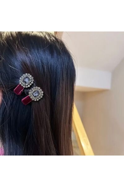 Vanilla Avenue Mini Bordo Taşlı Fransız Tarzı Kadife Işıltılı Vintage Günlük Kadın Toka