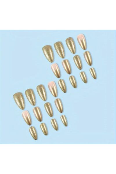 Vanilla Avenue Parlak Altın Sarısı Badem Kesim Simli Kendinden Yapışkanlı Takma Tırnak Seti 24 Adet