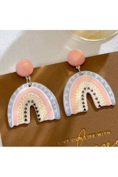 Moon Home Collection Pembe Gökkuşağı Figürlü Kadın Küpe Pembe Tek Ebat  Kadın / Kız