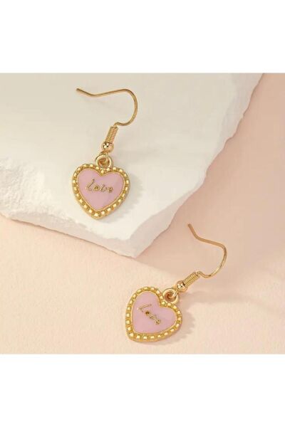 Vanilla Avenue Pudra Pembe Kalpli Love Detaylı Sallantılı Kadın Küpe pudra Tek Ebat  Kadın / Kız