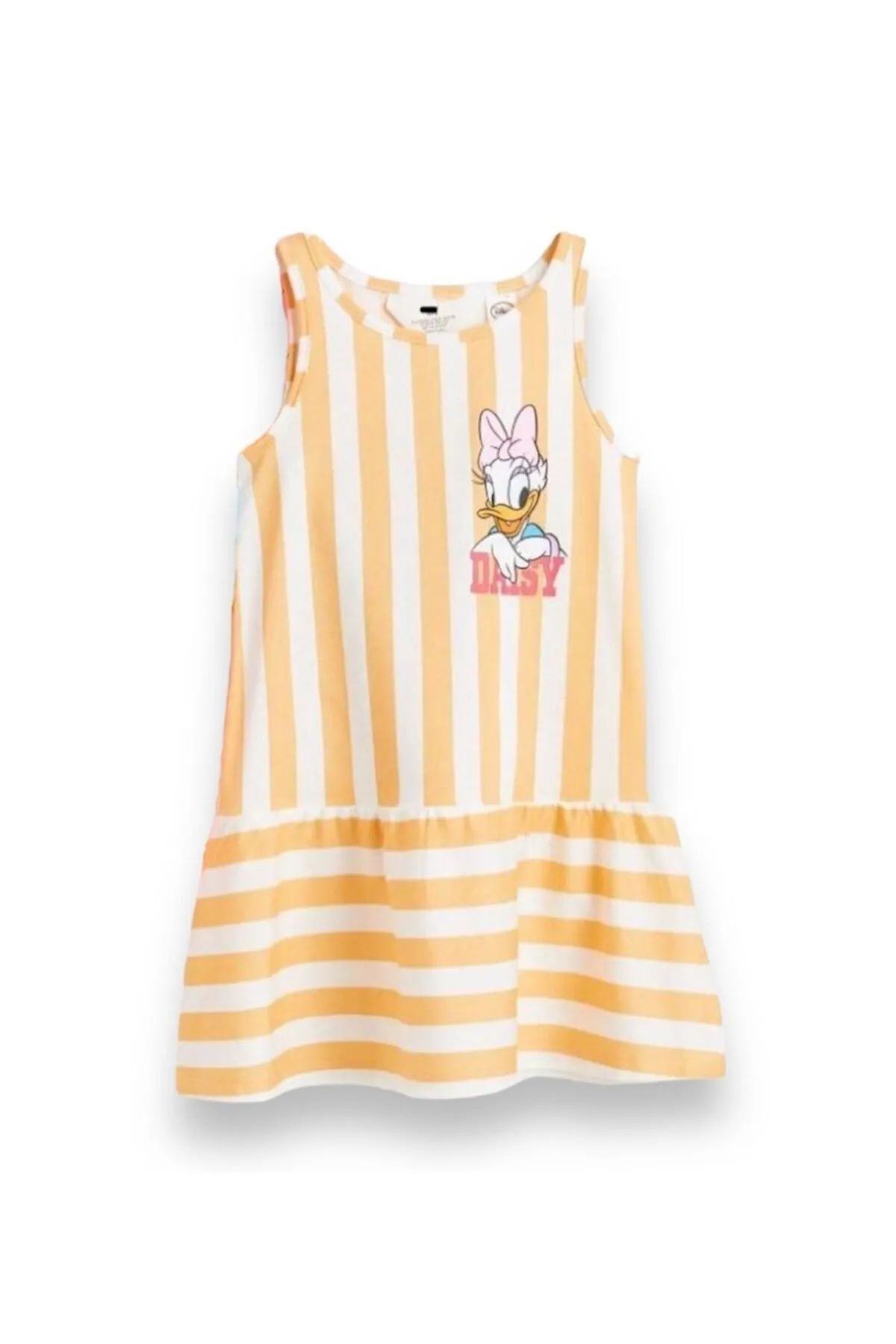 Vanilla Avenue Sarı Çizgili Daisy Duck Baskılı Kolsuz Yazlık Kız Çocuk Elbise 2-4 Yaş