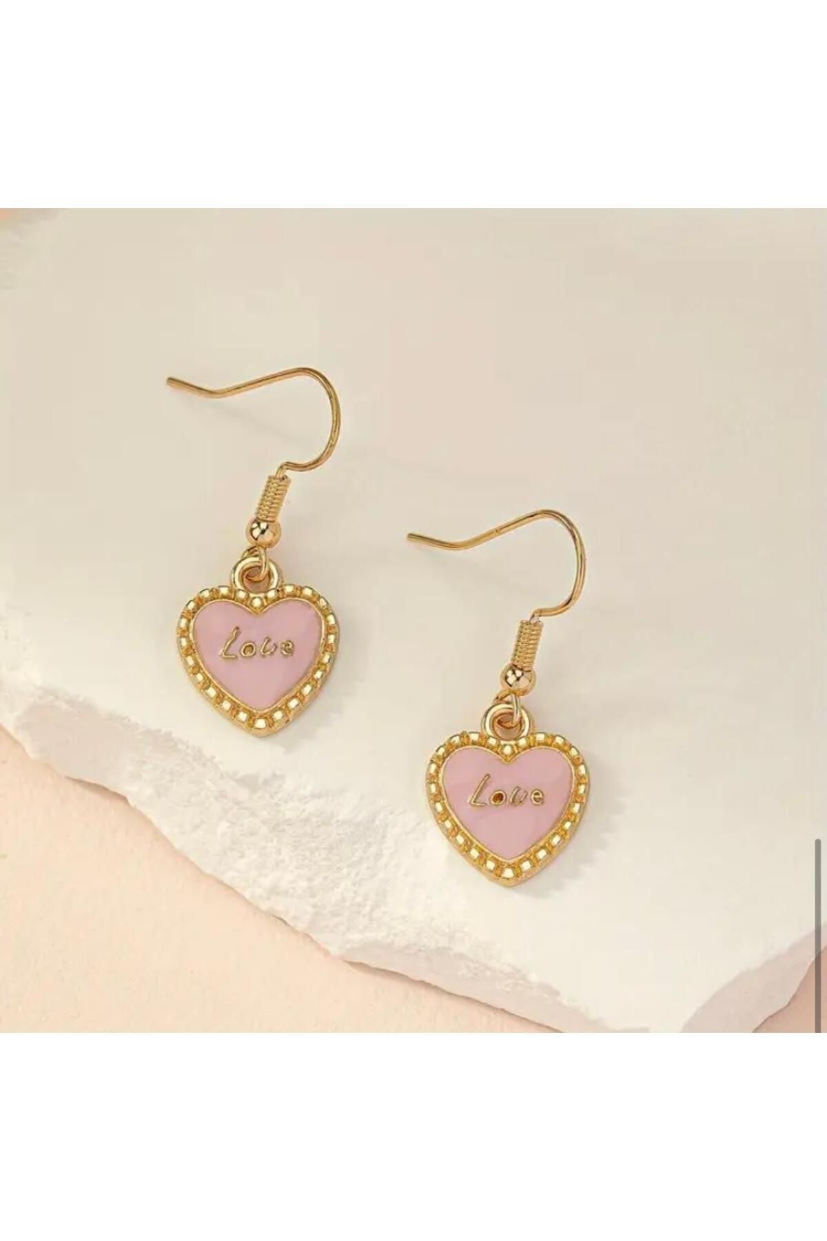 Vanilla Avenue Pudra Pembe Kalpli Love Detaylı Sallantılı Kadın Küpe pudra Tek Ebat  Kadın / Kız