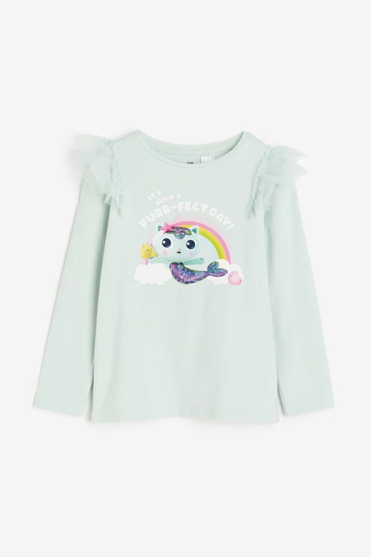 Hei Turkuaz Rengi Fırfırlı Baskılı Kız Çocuk Üst Triko Body 2-4 Yaş