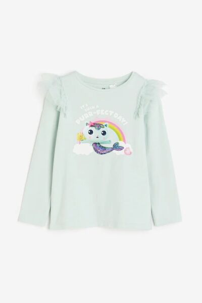 Hei Turkuaz Rengi Fırfırlı Baskılı Kız Çocuk Üst Triko Body 2-4 Yaş