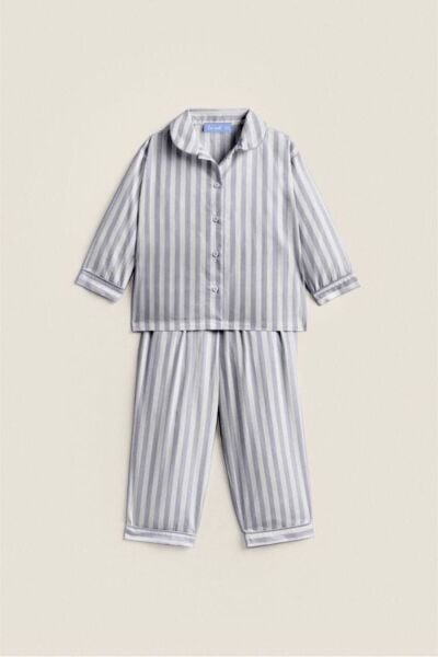 Unisex Çocuk Gri Çizgili Mevsimlik %100 Pamuklu Pijama Alt-üst Takım gri 7 Yaş  Unisex
