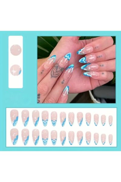 Vanilla Avenue Gökkuşağı Mavi Kalp Desenli Badem Kendinden Yapışkanlı Takma Tırnak Seti 24 Adet