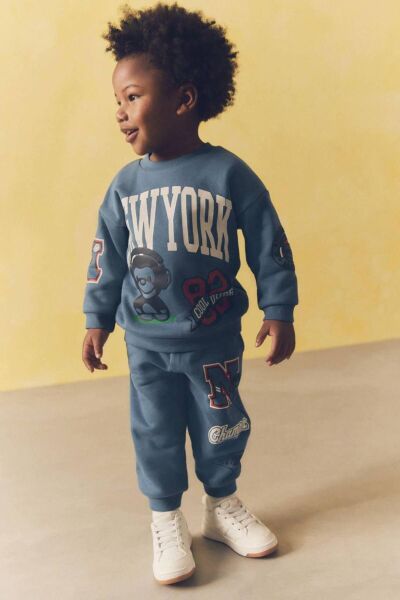 Erkek Çocuk New York Sloganlı Kışlık 3 İplik Pamuklu Sweatshirt Eşofman Alt-üst Takım mavi 6 Yaş  Erkek